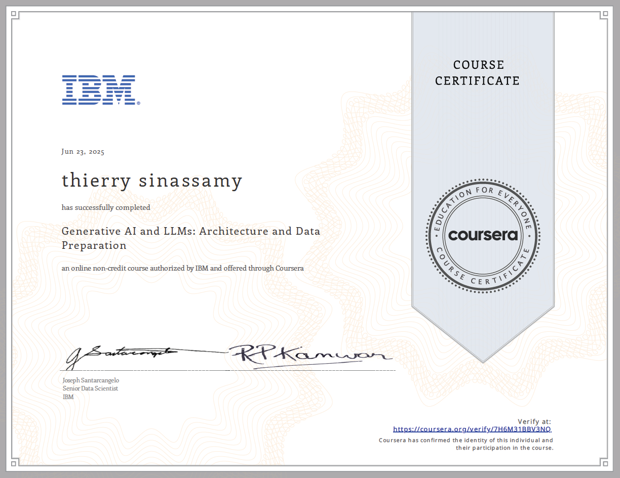 Generative AI and LLMs: Architecture and Data Preparation Certificate
