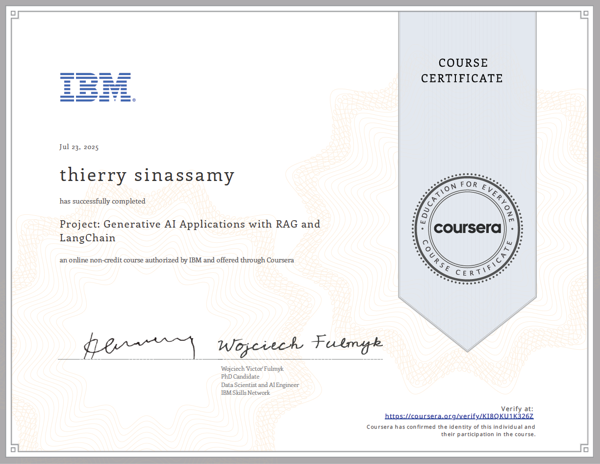 Project: Generative AI Applications with RAG and LangChain Certificate