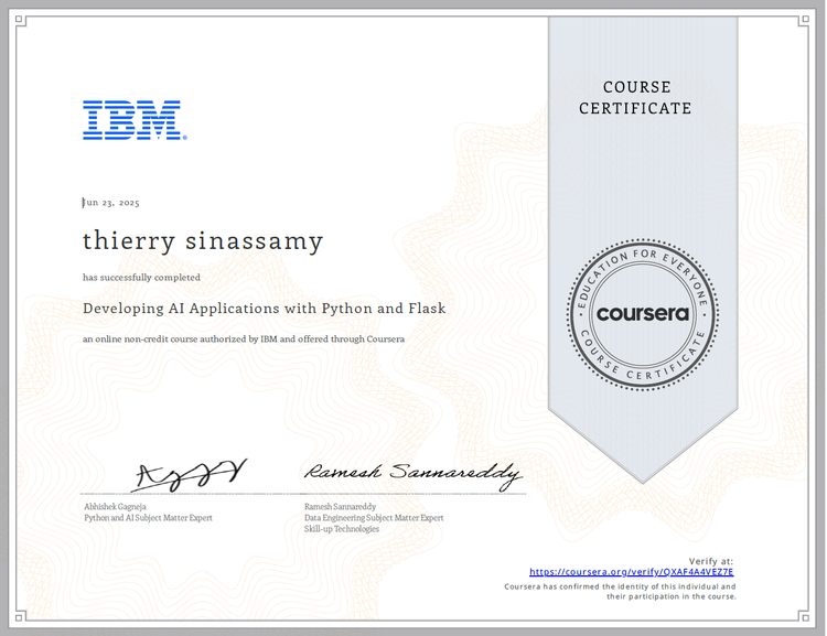 Developing AI Applications with Python and Flask Certificate