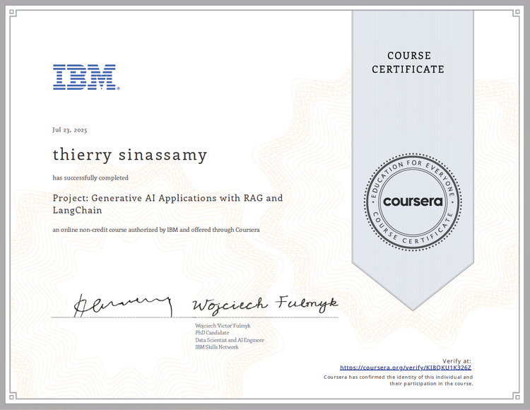 Project: Generative AI Applications with RAG and LangChain Certificate